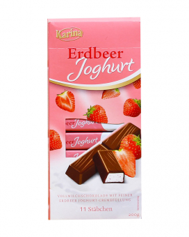 Фото продукту: Шоколад молочний із начинкою полуничний йогурт Karina Erdbeer Joghurt STRAWBERRY YOGHURT STICKS, 200 г