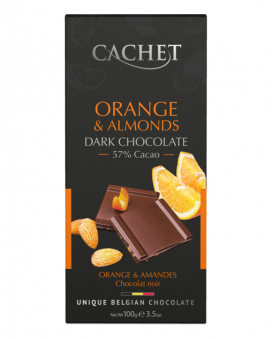 Фото продукту: Шоколад Cachet чорний з мигдалем та апельсином 57%, 100 г
