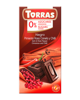 Фото продукту: Шоколад чорний без цукру, без глютену TORRAS з рожевим перцем, чилі, корицею 52%, 75 г